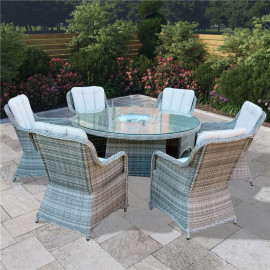 Billyoh Parma 6 Seater Round Outdoor Rattan Garden Dining Set with Firepit Table 6 Seater Round Rattan with Firepit