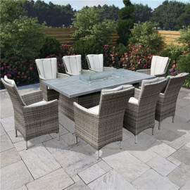 Billyoh Sicily 8 Seater Outdoor Rattan Garden Dining Set with Firepit Table 8 Seater Long Rattan with Firepit