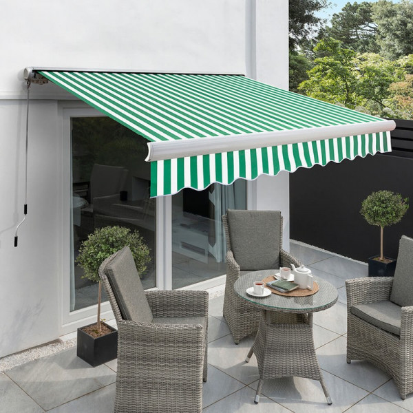 Buy 5.0m Full Cassette Electric Awning, Green and White Stripe Polyester Online - Awnings